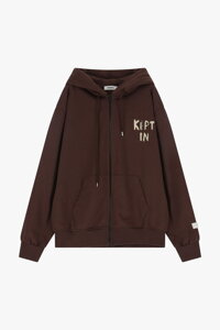 Hnedá mikina na zips s kapucňou a béžovým nápisom "KEPT IN".